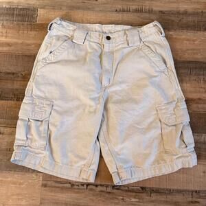 Carhartt Beige Canvas Cargo Shorts Flat Front 11" Button Pockets Summer Flaw